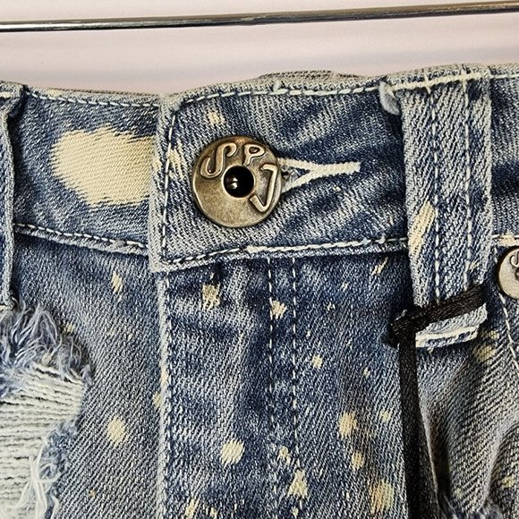 Spj Jean Shorts Womens Large Blue Denim Ripped Painted Rock Biker Cutoffs - Picture 3 of 6